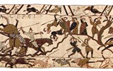 Normandie - Francie - Normandie - tapisérie z Bayeux, Normani útočí na anglickou pěchotu bránící se na kopci (má kníry)